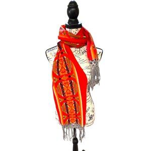 Fleece Southwest Scarf Vibrant Red Multicolor Geometric Aztec Design Fringe READ